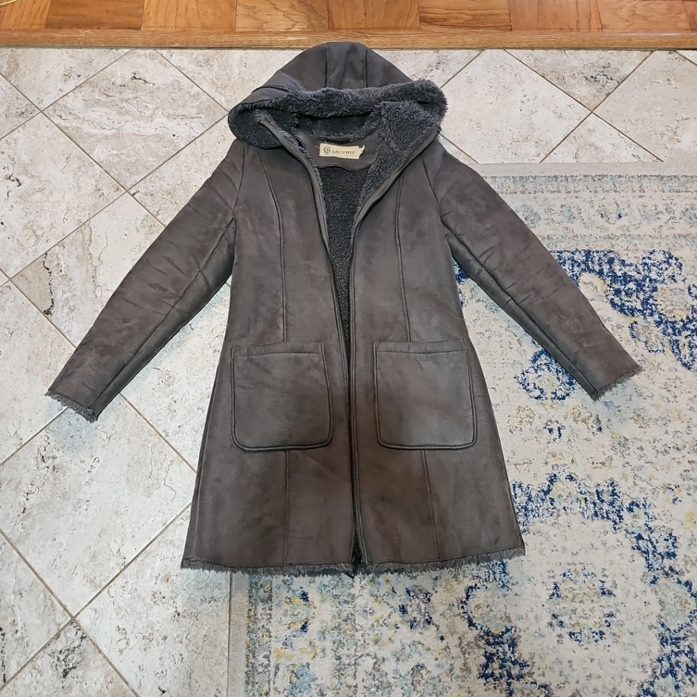 Giacomo Shearling Faux Suede Hooded Midi Jacket Size M